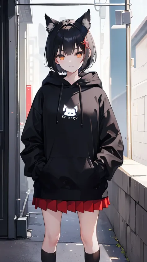 (Top Quality, Masterpiece: 1.2), Ultra-definition, Ultra-high resolution, Very delicate and beautiful, Every detail, Girl, Wearing a black cat ear hood, Black short hair, Wearing a black hoodie, Hoodie hands in pockets, red skirt, black socks, black shoes,...