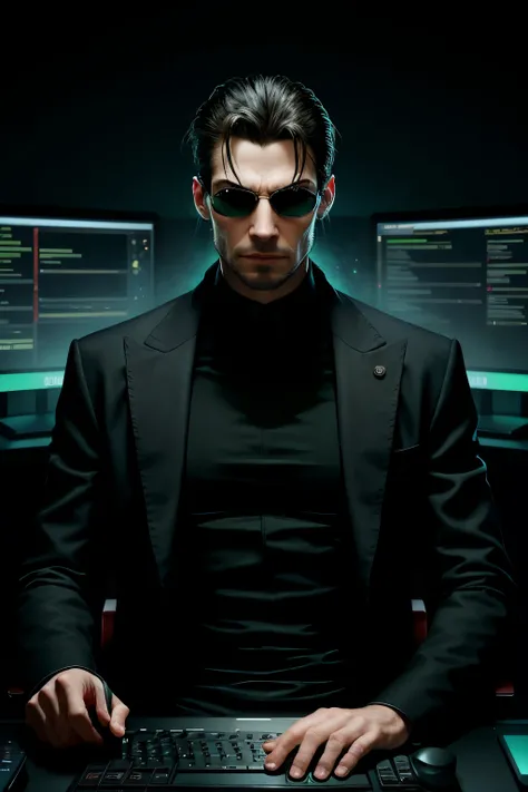 A realistic rendering of Neo from "The Matrix" movies, sitting thoughtfully at a modern, sleek computer desk, with multiple high-definition monitors behind him, displaying various social media platforms such as YouTube, TikTok, Instagram, Facebook, and Wha...