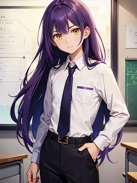 Purple hair, man, tall, dress shirt, dress pants, long hair, yellow eyes, calm face, man, teacher, school