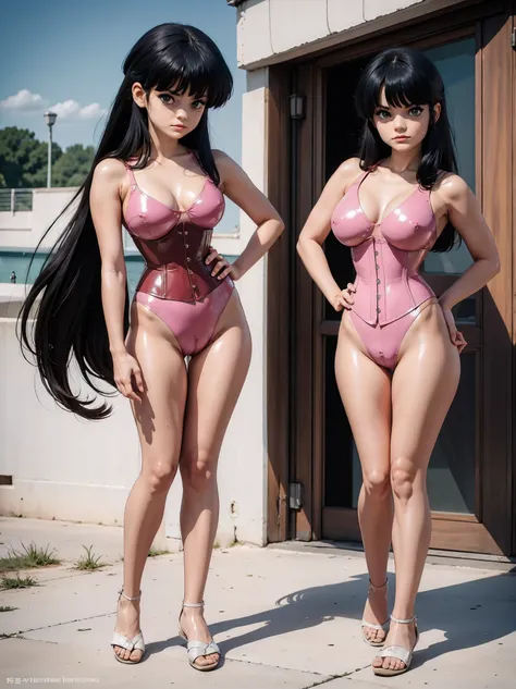 Anime girl with dark bluish hair in latex shorts and pink latex corset, 16 anos, Corpo bonito, peito grandes, with hands on waist, hands in her hair, garota sexy, cabelo azulado, side locks of hair with pink bow, locks of hair with a bow on the side of the...