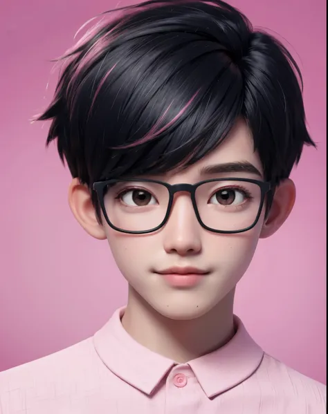 best quality, 1boy, solo, cartoon portrait , simple background, short hair, pink lips, black hair, black shirt, black glasses