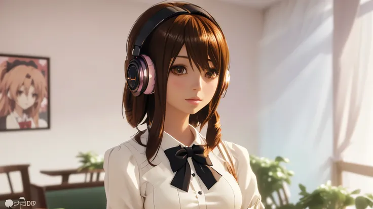 An anime girl with headphones and a bow tie stands in front of a stylish indoor cafe background。, anime style. 8k, anime style 4 k, anime styled 3d, Nightcore, Realistic anime 3d style, Smooth anime CG art, 3d anime girl, 8K Art Germ Bokeh, render of a cut...