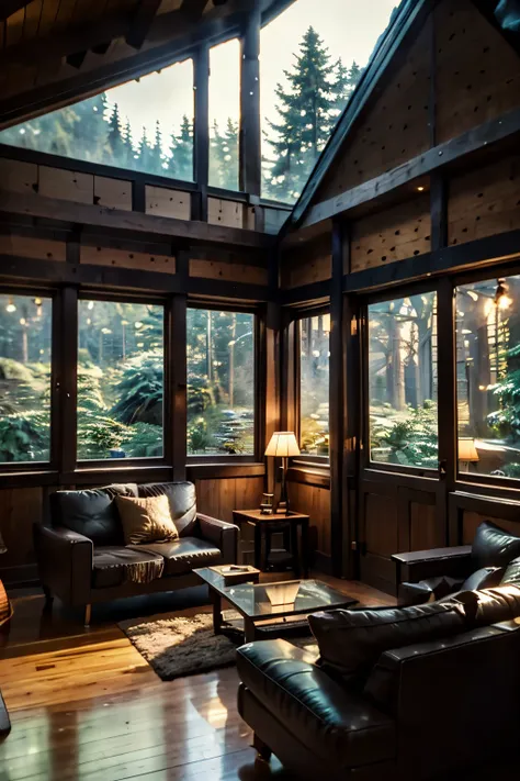 arafed living room with fireplace and leather sofa, cozy place, house in the forest, modern house in the forest, a large window ...