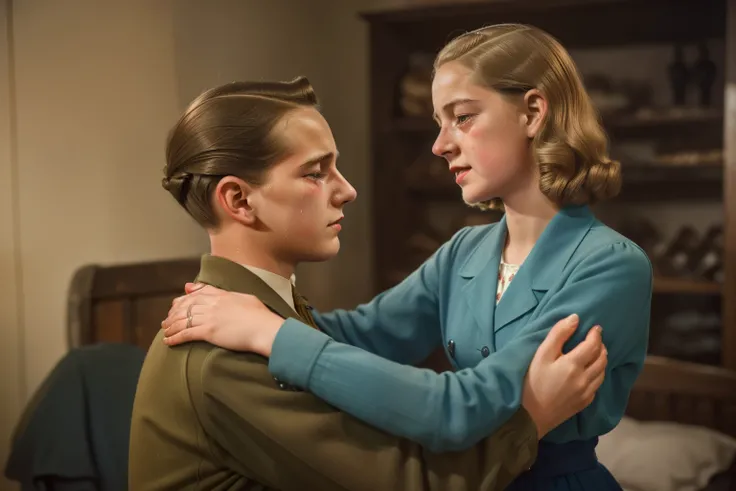 Molching, Germany, 1946. ((((16-year-old)) Liesel Meminger)), very thin, kind, big-hearted, dangerous dark eyes, hugging a man for dear life, ((((grief expression, crying)))). ((((casual clothings from the 1940s)))), ((dark-blond hairstyle of the 1940s))