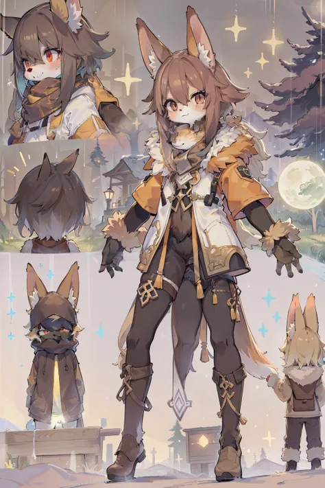 character chart，Shota the fox，hairy pubic，shaggy，Skin fur，Golden fur，Golden yellow face fur,Short straight blonde hair，Eyes have light，Red eyes，Brown elements on fur，Brown coat brown hood up，White top，brown shorts，Beautiful lights and shadows，Ambient light...