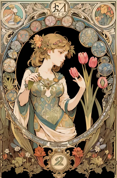 goddess of tulips、((Less skin exposed;1.7))、((look outside the camera))、botanical relief、Detailed design featuring tulips and bulbs、((Design that incorporates the plant tulip:1.5))、detailed flower decoration、Portrait of European woman face , Long Mucha sty...