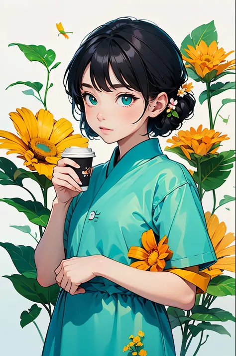 yxycolor，girl ，coffee cup，Cat，black hair，Simple drawing、green，blue，orange color，illustration，green植物，A small number of flowers，clean background