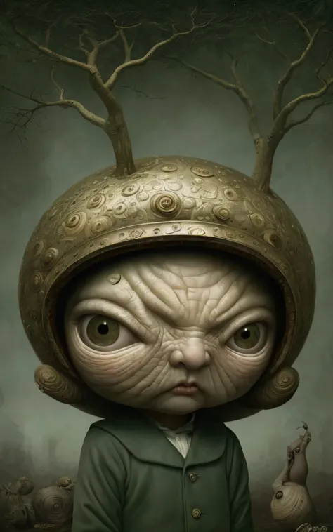 there is a little boy riding a snail with a helmet on., teniente artur tarnowski, magical realism strange art, anton semenov, su...