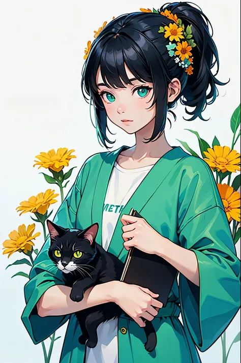 yxycolor，girl ，Read books，Cat，black hair，Simple drawing、green，blue，orange color，illustration，green植物，A small number of flowers，clean background