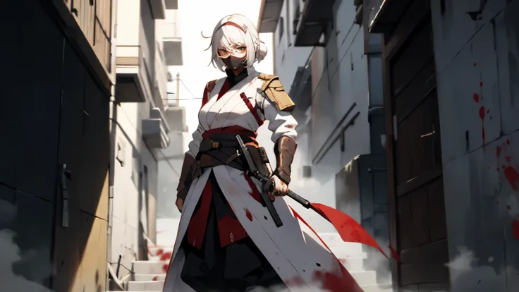 A white-haired woman with a serious face stood holding a gun against a wall in an alley, wearing a blood-stained white ninja outfit and round yellow-lensed glasses on her head, showing half of her body.
