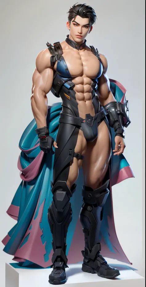 sculpture design，figure，GK model，figure全身，Show muscles，（Exquisite base），Wu Yifan，Handsome cybernetic boy looking at camera in lingerie detailed muscular realistic masterpiece，muscular，