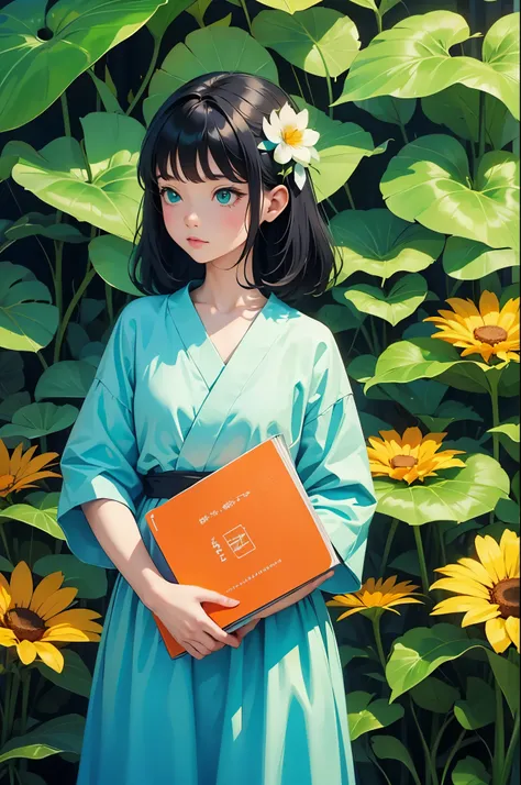 yxycolor，girl ，Read books，Cat，black hair，Simple drawing、green，blue，orange color，illustration，green植物，A small number of flowers，clean background