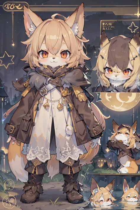 Figures，Shota the Fox，hairy pubic hair，hairy，skin fur，golden fur，golden facial hair,blonde short straight hair，Eyes are bright，red eyes，brown elements on fur，brown coat brown hooded，white top，brown shorts，beautiful light and shadow，ambient light，superfine ...