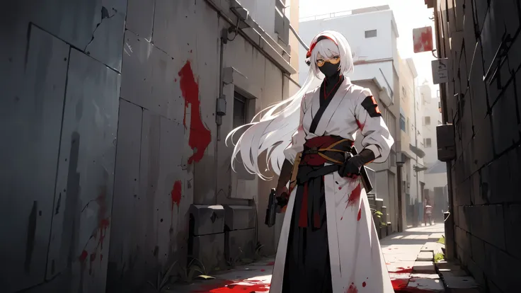 A white-haired woman with a serious face stood holding a gun against a wall in an alley, wearing a blood-stained white ninja outfit and round yellow-lensed glasses on her head, showing half of her body.
