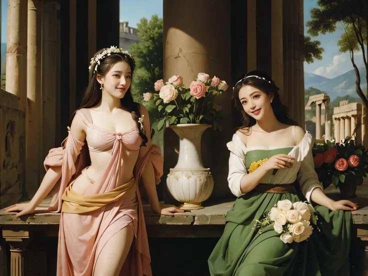 Raffaello Santi painting style,Arguments of two female 、roses in vase、fruits、Cute trinkets、smile、ancient greek costume、Woman standing on ancient Roman ruins ,A big smile