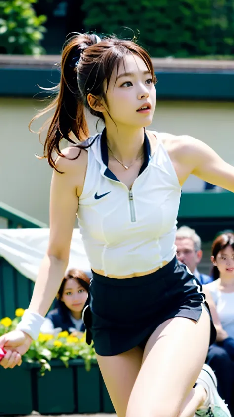 perfect anatomy ,Beautiful 20-year-old tennis player playing a match on Center Court at Wimbledon wearing a white high-neck front zip sleeveless one-piece tennis skirt, racket and shoes,It captures the essence of her athleticism and energy, which goes well...