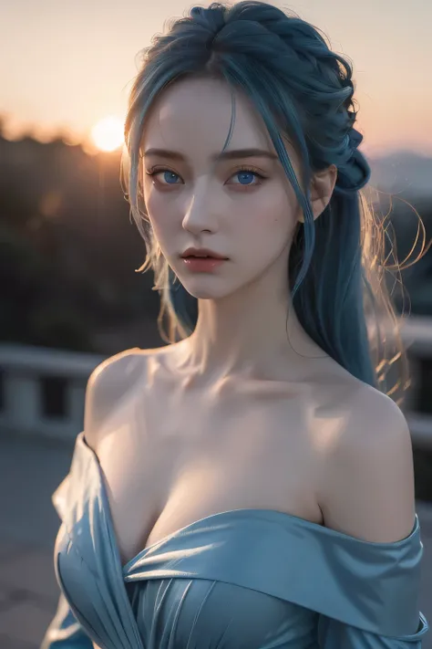 highest quality, masterpiece, ultra high resolution, (realism: 1.4), original photo, 1 girl, blue eyes, off shoulder, cinematic lighting, blue hair, at sunset、no makeup、skinny