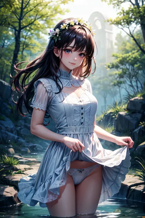 very cute and beautiful girl,frilled white summer dress with detailed lace,(skirt lift,white panties),
(highly detailed beautiful face),cowboy shot,(smile),black hair,flower crown,
(standing near water spring in forest),fog,fantastic stone monument,detaile...