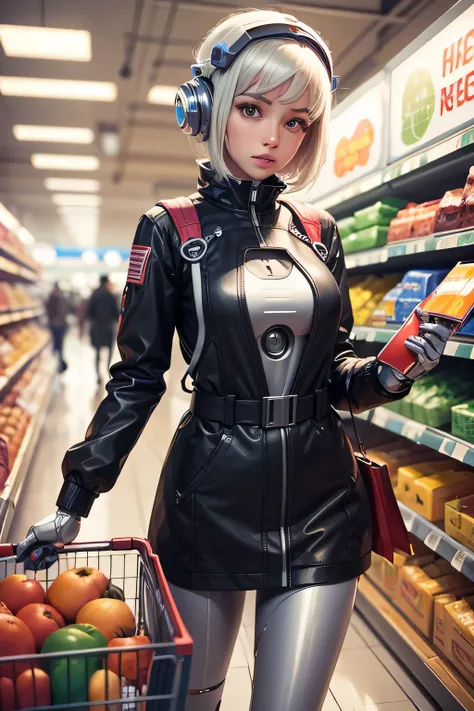 Female robot enjoying shopping at the supermarket　Machine body　mechanical limbs　The background is inside a supermarket