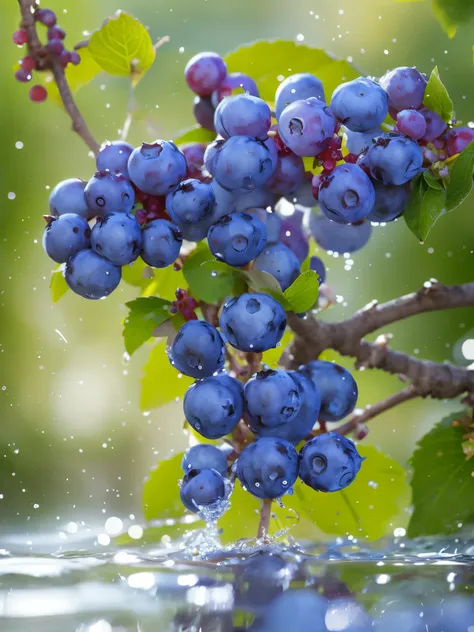 blueberry, splash, scintillation particles , depth of field, clean background