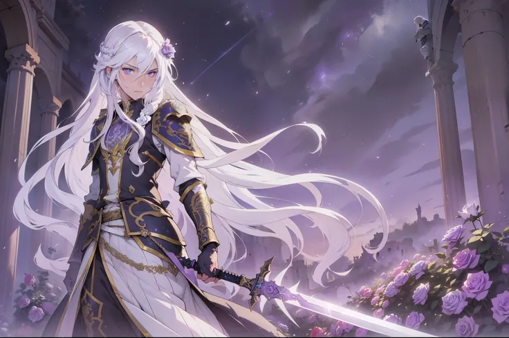 boy with long white hair holding a sword, garden, purple roses, castle ruins, white haired deity, anime art wallpaper 4k, detailed art, anime art wallpaper, fantasy artwork, beautiful fantasy anime