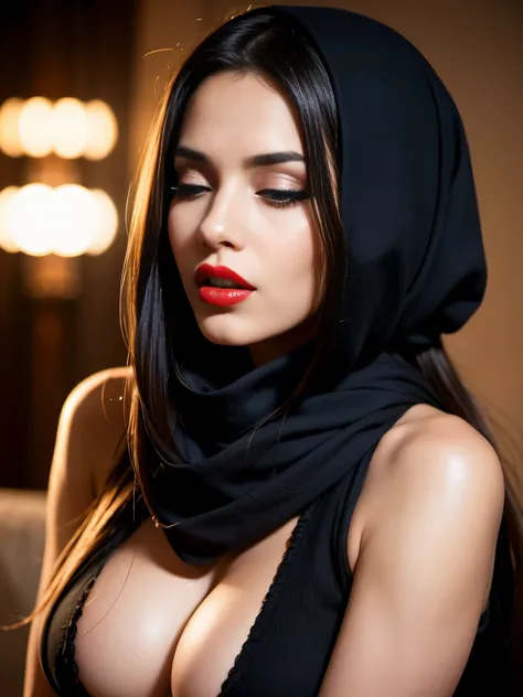 Beautiful veiled girl with long hair, hair sticking out from under the scarf. Big and beautiful black eyes, very high quality and very realistic, dark red lips and black pantyhose, bent down and big breasts, head in profile, flirting with closed eyes, long...