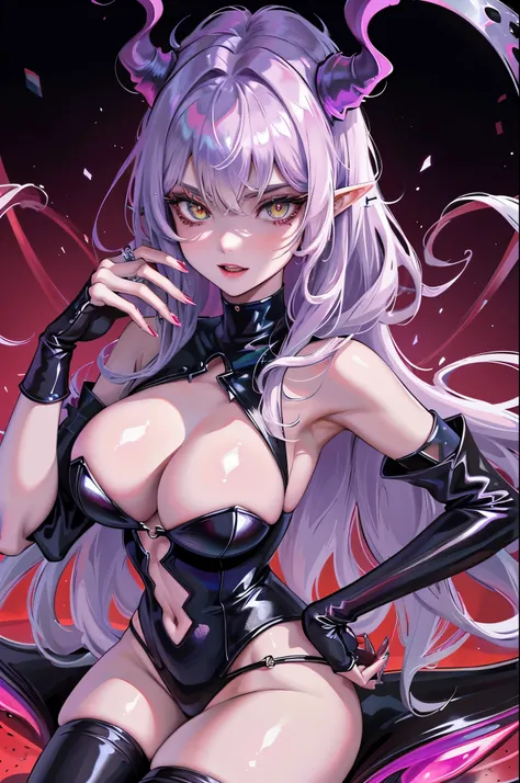 A female Milf demon with elf ears and demonic horns in black setting with chains and mist the ground is made of a red liquid, Um rosto maduro e adulto com um olhar frio e maligno para os espectadores com dentes de vampiro, e corpo volumoso com seios e bust...