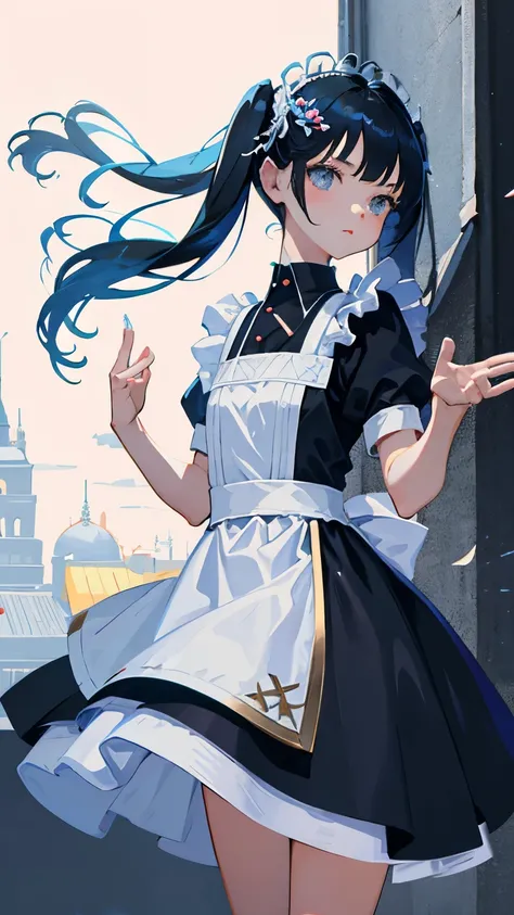 (short cute girl，small young student，young delicate girl）,（masterpiece，Top quality)，Light blue maid clothes，black hair twintails