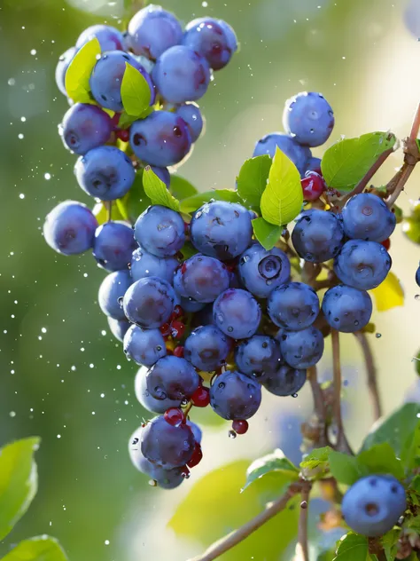 blueberry, splash, scintillation particles , depth of field, clean background