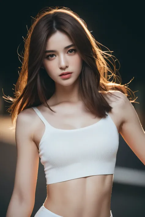 ((Realistic lighting, Best quality, 8K, Masterpiece: 1.3)), Clear focus: 1.2, 1girl, Perfect Figure: 1.4, Slim Abs: 1.1, ((Dark brown hair)), (White crop top: 1.4), (Outdoor, Night: 1.1), City streets, Super fine face, Fine eyes, Double eyelids,