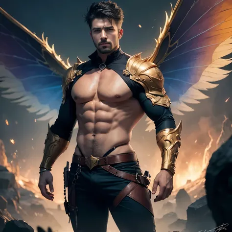 obra de arte, 8K, perfect lighting, , homem adulto, peito para fora, asas grandes e finas, homem do sexo masculino, tiro de corpo inteiro, olhando para o espectador, arm behind the back, Cinematic lighting, fairy homem do sexo masculino with blue and gold ...