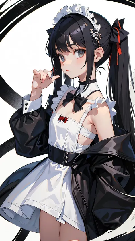 (short cute girl，small young student，young delicate girl）,（masterpiece，Top quality)，Gray maid clothes，black hair twintails，white background