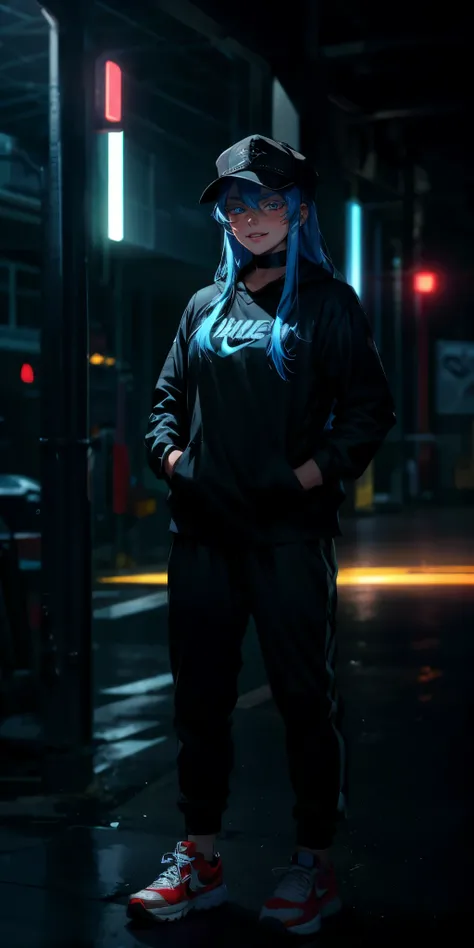 Esdeath, long hair, blue hair, blue eyes, hat, solo, very long hair, large breasts, choker, ice, peaked cap, sweating, glowing eyes, heavy breathing, 1girl, shoes, hands_in_pockets, full_body, sneakers, solo, pants, graffiti, looking_at_viewer, standing, n...