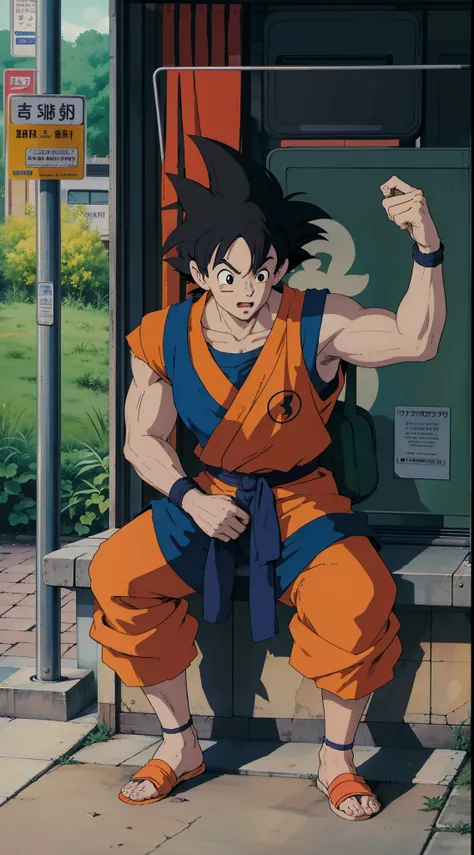 goku, perfect image, at the bus stop , 1 man