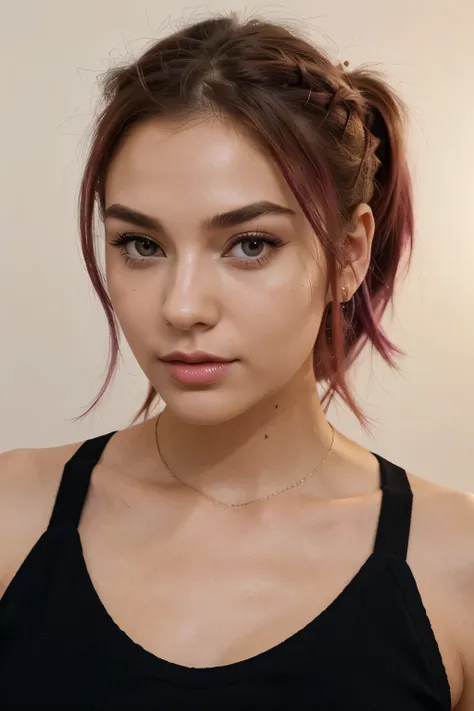 An image of a young woman with fair skin and a unique hairstyle that transitions from brunette at the roots to magenta at the ends, styled into a high ponytail. Her facial features include arched eyebrows, hazel eyes with long lashes, and rose-pink lips. S...