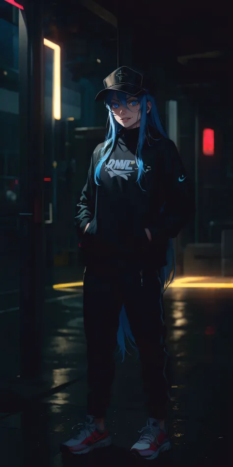 Esdeath, long hair, blue hair, blue eyes, hat, solo, very long hair, large breasts, choker, ice, peaked cap, sweating, glowing eyes, heavy breathing, 1girl, shoes, hands_in_pockets, full_body, sneakers, solo, pants, graffiti, looking_at_viewer, standing, n...