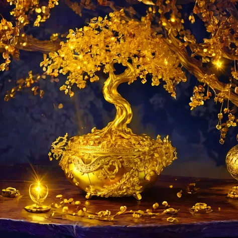 bird&#39;a nest made of gold，there are sparkling diamonds inside，on the branches，fantasy style（（（masterpiece）））， （（best quality）...