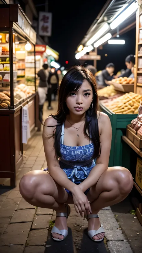 a woman, (northeast Asian food market, narrow street, in the dark shadow at night), customers, round face, (wearing various traditional patterned short apron on naked), (cute stall staff girl crouching slightly and spread legs), (showing off squirting)), b...