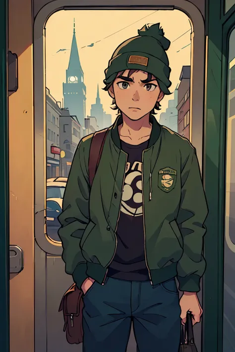 a cinematic, movie poster design, masterpiece, best quality, a young man wearing a green bomber jacket, jeans and a red beanie stepping out of a bus door, long shot, bus stop 