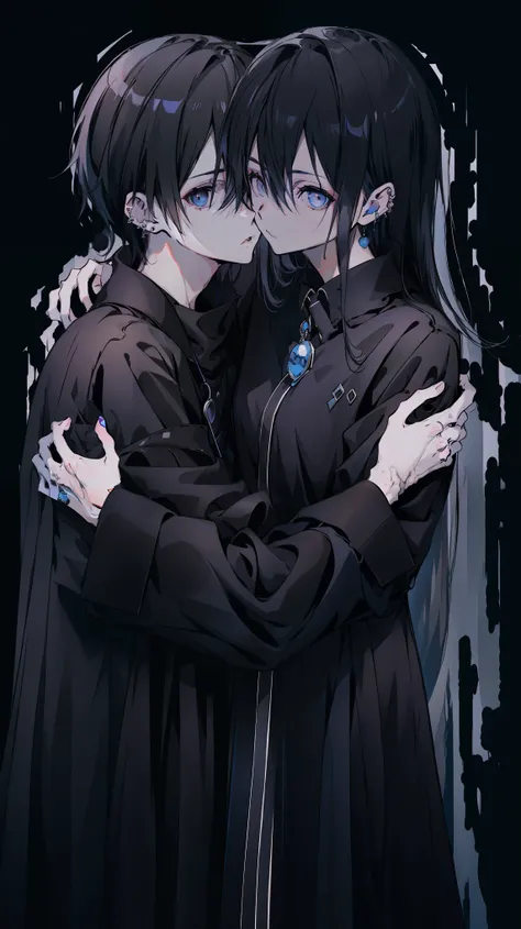 (1 boy, 1 )，husband and wife，piercing blue eyes，sharp pupils，Black pointed hair，He is wearing a black noble robe，Hugging and kissing his lovely wife intimately（（41 year old face）），Female Kirito