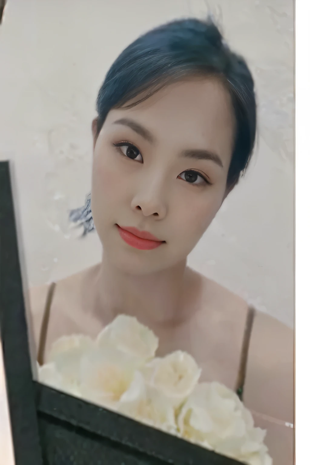 there is a woman that is holding a bouquet of flowers, dang my linh, heonhwa choe, portait photo profile picture, mai anh tran, gongbi, very low quality, nivanh chanthara, lalisa manobal, very very low quality, blackpink jennie, xision wu, very very low qu...