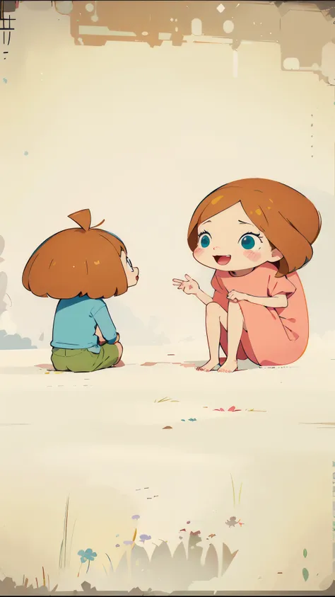 cartoon of a girl and boy sitting on the ground talking, animation stills, animation stills, animation stills, cute cartoon, animation stills, , children cartoon, girl,  illustration, animated illustration style, cute girls, animation stills screencap, sit...