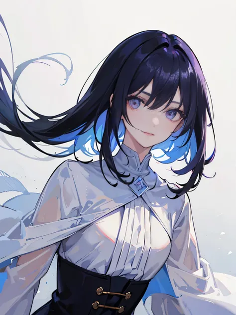 (masterpiece, top quality, best quality, official art, beautiful), female, wolfcut hair, two tones hair, black and blue hair, with bangs, equals eyes, sharp eyes, purple eyes, Extreme Detail, white shirt, white hood, white pants, Effect. 