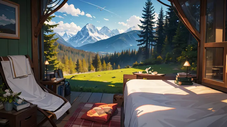 Forest background with mountains and birds, wind moving the trees, a couple in the middle of sex on a picnic blanket