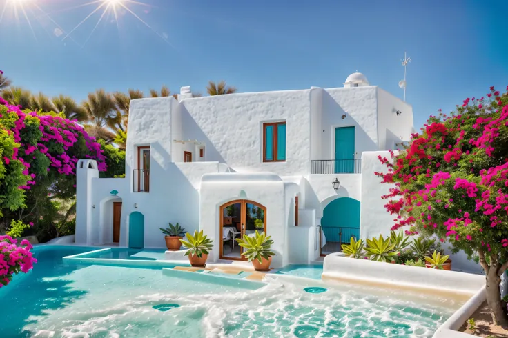 (1 santorini style house, 1 house is made from white walls and some walls are painted bright blue)), beautyful light, beautyfuld...