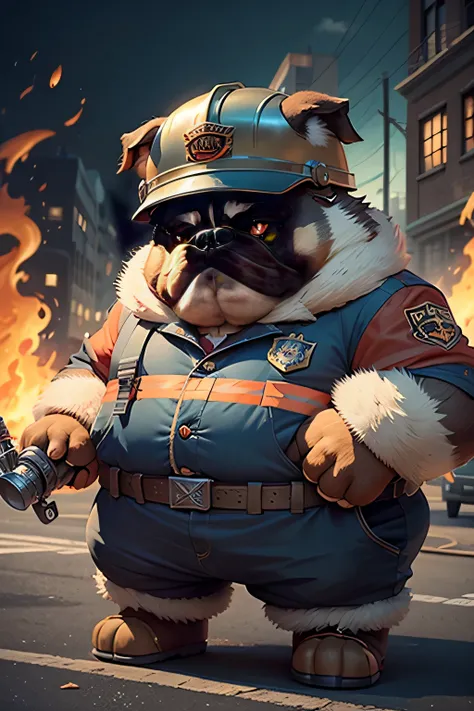 C4tt4stic,Father Cartoon Bulldog in red uniform and helmet of American （Body hair is black、The specifics of the appearance of the Bulldog、Saggy ears）、Fire truck in the background