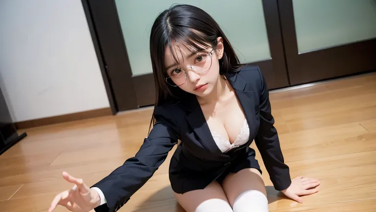 8k,highest quality、beautiful girl wearing a suit、wears black-rimmed glasses、I move my glasses down a little and look up.、watching the audience、super model girl、black suit、white dress shirt、button is open、I can see the cleavage、medium breasts、lace white bra...