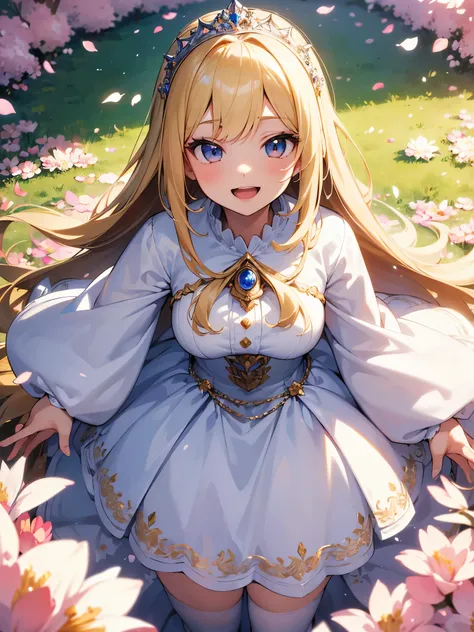 ((masterpiece)), ((best quality)), ((ultra-detailed)),  (hyperdetailed face)、(Super well-formed face) , 1girl, blonde hair, long hair, looking at viewer, princess, white princess dress, tiara, smile, open mouth, outdoors, flower field, ((petals)), long sle...