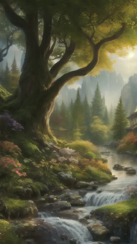 masterpiece, best quality, high quality,Very detailed CG unity 8k wallpaper, Charming dreamy scene of dreamy forest, There are towering trees, Glowing Mushroom, and Hidden Fairy Canyon, Create a sense of mystery and enchantment, art station, digital illust...