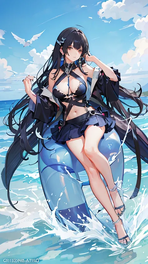 Hanfu(swimsuit），full body portrait，light wing earrings，long black hair，blue hair tail dyed，Center parted bangs，High heel，The dress has a gorgeous wavy pattern，Navel exposed，Gorgeous splash skirt，Intricate costume details